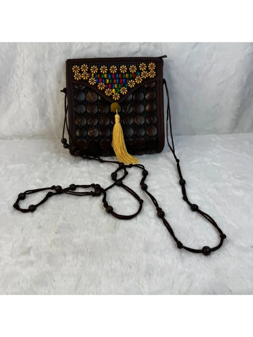 Handcrafted Coconut Shell Crossbody Bag Beaded Accents Tassel Boho Chic Design